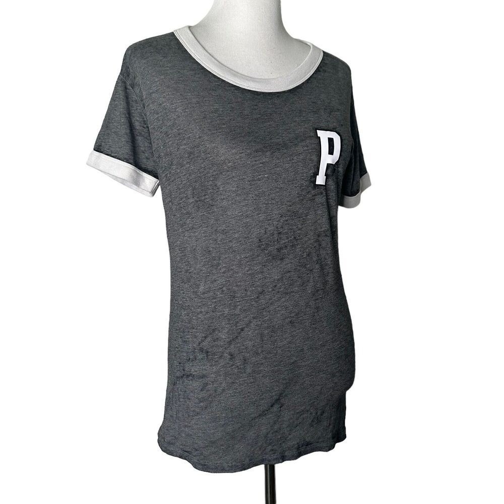 VS PINK Victoria's Secret Varsity Ringer T-Shirt Embroidered P Logo S Gray White
